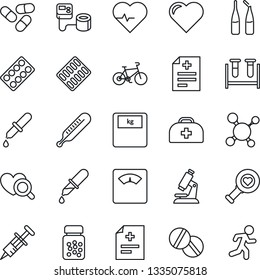 Thin Line Icon Set - heart vector, pulse, doctor case, diagnosis, molecule, syringe, blood pressure, test vial, dropper, thermometer, diagnostic, microscope, scales, pills, bottle, blister, ampoule