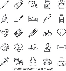 Thin Line Icon Set - heart pulse vector, syringe, blood pressure, dropper, thermometer, diagnostic, microscope, pills, bottle, blister, ampoule, scalpel, patch, tomography, ambulance star, car, bike