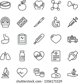 Thin Line Icon Set - heart pulse vector, diagnosis, molecule, syringe, blood pressure, thermometer, microscope, pills, blister, ampoule, scalpel, tomography, ambulance car, disabled, hand, stomach