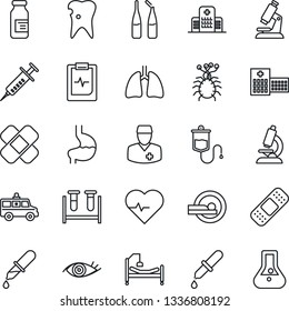 Thin Line Icon Set - heart pulse vector, syringe, blood test vial, dropper, microscope, ampoule, patch, tomography, ambulance car, hospital bed, stomach, lungs, caries, eye, clipboard, doctor, virus