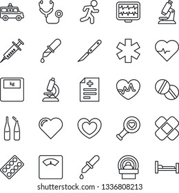 Thin Line Icon Set - heart vector, pulse, monitor, diagnosis, stethoscope, syringe, dropper, diagnostic, microscope, scales, pills, blister, ampoule, scalpel, patch, tomography, ambulance star, car