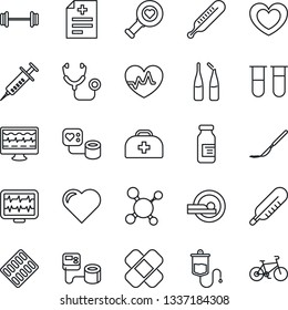 Thin Line Icon Set - heart vector, pulse, monitor, doctor case, diagnosis, molecule, stethoscope, syringe, blood pressure, test vial, dropper, thermometer, diagnostic, pills blister, ampoule, patch