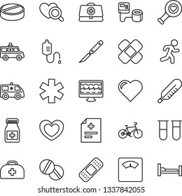 Thin Line Icon Set - heart vector, monitor pulse, doctor case, diagnosis, blood pressure, test vial, dropper, thermometer, diagnostic, scales, pills, bottle, scalpel, patch, ambulance star, car, run