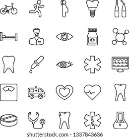 Thin Line Icon Set - heart vector, pulse, monitor, molecule, stethoscope, dropper, scales, pills, bottle, ampoule, ambulance star, car, bike, run, hospital bed, tooth, caries, implant, eye, doctor