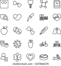 Thin Line Icon Set - heart vector, pulse, molecule, blood pressure, dropper, thermometer, diagnostic, scales, pills, ambulance star, bike, lungs, real, implant, broken bone, clipboard, hospital