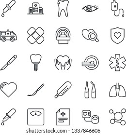 Thin Line Icon Set - heart vector, diagnosis, blood pressure, dropper, thermometer, diagnostic, scales, ampoule, scalpel, patch, tomography, ambulance star, car, shield, hand, lungs, caries, implant