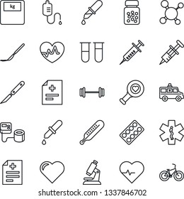 Thin Line Icon Set - heart vector, pulse, diagnosis, molecule, syringe, blood pressure, test vial, dropper, thermometer, diagnostic, microscope, scales, pills bottle, blister, scalpel, car, barbell