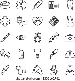 Thin Line Icon Set - heart pulse vector, doctor case, stethoscope, syringe, dropper, thermometer, pills, blister, ampoule, scalpel, ambulance star, lungs, caries, implant, eye, hospital, virus