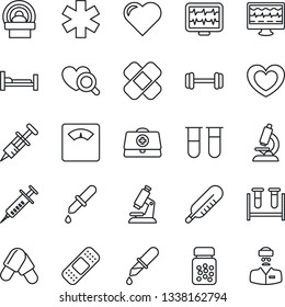 Thin Line Icon Set - heart vector, monitor pulse, doctor case, syringe, blood test vial, dropper, thermometer, diagnostic, microscope, scales, pills, bottle, patch, tomography, ambulance star