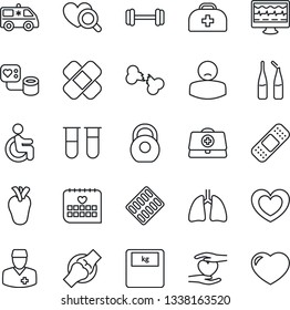 Thin Line Icon Set - heart vector, monitor pulse, doctor case, blood pressure, test vial, diagnostic, scales, pills blister, ampoule, patch, ambulance car, barbell, disabled, hand, lungs, real