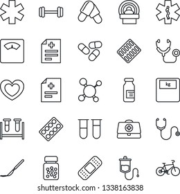 Thin Line Icon Set - heart vector, doctor case, diagnosis, molecule, stethoscope, blood test vial, dropper, scales, pills, bottle, blister, ampoule, scalpel, patch, tomography, ambulance star, bike