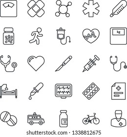 Thin Line Icon Set - heart vector, pulse, monitor, diagnosis, molecule, stethoscope, syringe, dropper, thermometer, scales, pills, bottle, blister, ampoule, scalpel, patch, ambulance star, car, bike