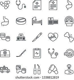 Thin Line Icon Set - heart pulse vector, doctor case, diagnosis, stethoscope, blood pressure, pills, ampoule, scalpel, tomography, ambulance car, hospital bed, stomach, broken bone, clipboard