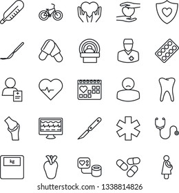 Thin Line Icon Set - heart pulse vector, monitor, stethoscope, blood pressure, thermometer, scales, pills, blister, scalpel, tomography, ambulance star, bike, shield, hand, real, tooth, joint