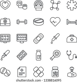 Thin Line Icon Set - heart vector, pulse, monitor, doctor case, diagnosis, molecule, stethoscope, blood pressure, dropper, diagnostic, pills, bottle, blister, ampoule, patch, tomography, barbell