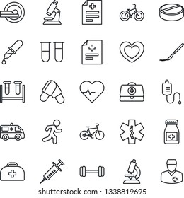Thin Line Icon Set - heart vector, pulse, doctor case, diagnosis, syringe, blood test vial, dropper, microscope, pills, bottle, scalpel, tomography, ambulance star, car, barbell, bike, run