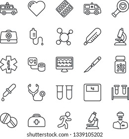 Thin Line Icon Set - heart vector, monitor pulse, doctor case, molecule, stethoscope, blood pressure, test vial, dropper, thermometer, diagnostic, microscope, scales, pills, bottle, blister, scalpel