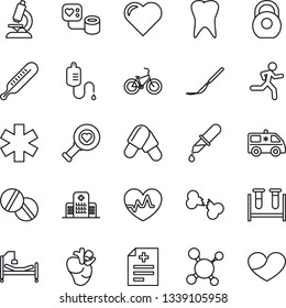 Thin Line Icon Set - heart vector, pulse, diagnosis, molecule, blood pressure, test vial, dropper, thermometer, diagnostic, microscope, pills, scalpel, ambulance star, car, bike, run, hospital bed