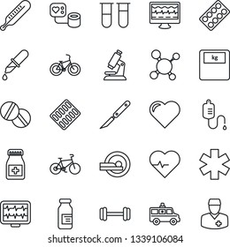 Thin Line Icon Set - heart vector, pulse, monitor, molecule, blood pressure, test vial, dropper, thermometer, microscope, scales, pills, bottle, blister, ampoule, scalpel, tomography, ambulance star