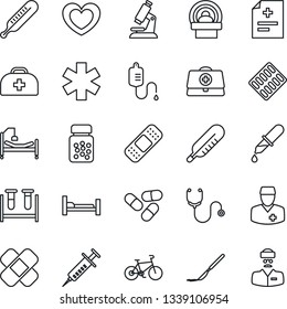 Thin Line Icon Set - heart vector, doctor case, diagnosis, stethoscope, syringe, blood test vial, dropper, thermometer, microscope, pills, bottle, blister, scalpel, patch, tomography, ambulance star