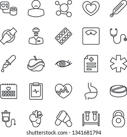 Thin Line Icon Set - heart vector, pulse, diagnosis, stethoscope, blood pressure, test vial, dropper, thermometer, scales, pills, blister, ambulance star, stomach, real, eye, joint, medical calendar