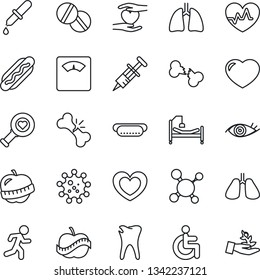 Thin Line Icon Set - heart vector, pulse, molecule, syringe, dropper, diagnostic, scales, pills, run, hospital bed, disabled, hand, lungs, caries, eye, broken bone, diet, virus, hot dog