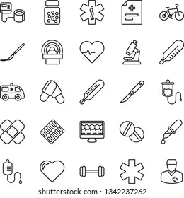 Thin Line Icon Set - heart vector, pulse, monitor, diagnosis, blood pressure, dropper, thermometer, microscope, pills, bottle, blister, scalpel, patch, tomography, ambulance star, car, barbell, bike