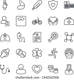 Thin Line Icon Set - heart vector, doctor case, diagnosis, molecule, stethoscope, blood pressure, dropper, thermometer, diagnostic, scales, pills, tomography, ambulance star, bike, run, shield, hand