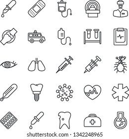 Thin Line Icon Set - heart pulse vector, doctor case, syringe, blood test vial, dropper, thermometer, pills blister, patch, tomography, ambulance star, car, lungs, caries, implant, eye, joint, virus