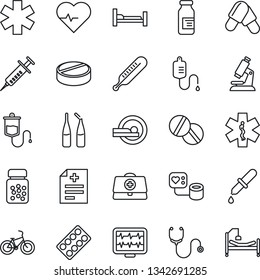 Thin Line Icon Set - heart pulse vector, monitor, doctor case, diagnosis, stethoscope, syringe, blood pressure, dropper, thermometer, microscope, pills, bottle, blister, ampoule, tomography, bike