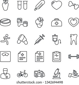 Thin Line Icon Set - heart vector, doctor case, diagnosis, syringe, blood pressure, test vial, dropper, thermometer, microscope, scales, pills, ambulance car, barbell, bike, run, real, caries