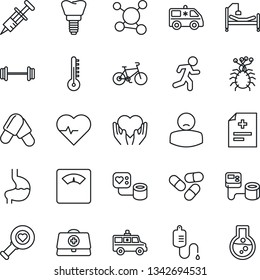 Thin Line Icon Set - heart pulse vector, doctor case, diagnosis, syringe, blood pressure, dropper, diagnostic, scales, pills, ambulance car, barbell, bike, run, hospital bed, hand, stomach, implant