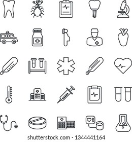 Thin Line Icon Set - heart pulse vector, stethoscope, syringe, blood pressure, test vial, thermometer, microscope, pills, bottle, ambulance star, car, real, tooth, implant, clipboard, hospital