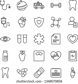 Thin Line Icon Set - heart vector, pulse, diagnosis, molecule, stethoscope, blood test vial, dropper, scales, pills, ampoule, patch, ambulance star, car, barbell, shield, real, tooth, eye, clipboard