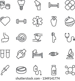Thin Line Icon Set - heart vector, stethoscope, blood pressure, test vial, dropper, microscope, pills, ampoule, patch, tomography, ambulance star, barbell, hospital bed, hand, stomach, real, implant