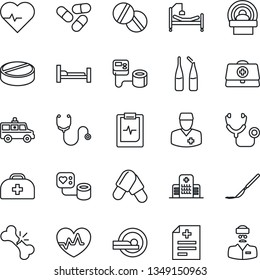 Thin Line Icon Set - heart pulse vector, doctor case, diagnosis, stethoscope, blood pressure, pills, ampoule, scalpel, tomography, ambulance car, hospital bed, broken bone, clipboard