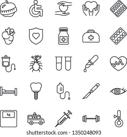 Thin Line Icon Set - heart pulse vector, doctor case, syringe, blood test vial, dropper, scales, pills bottle, blister, scalpel, ambulance car, barbell, shield, hospital bed, disabled, hand, real