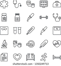Thin Line Icon Set - heart vector, pulse, monitor, doctor case, diagnosis, stethoscope, blood pressure, test vial, dropper, thermometer, microscope, scales, pills bottle, tomography, ambulance star