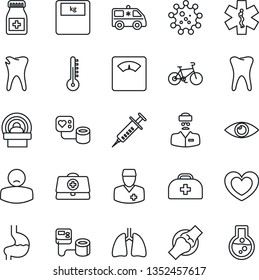 Thin Line Icon Set - heart vector, doctor case, syringe, blood pressure, scales, pills bottle, tomography, ambulance star, car, bike, stomach, lungs, tooth, caries, eye, joint, patient, virus, flask