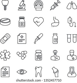 Thin Line Icon Set - heart pulse vector, diagnosis, syringe, blood test vial, dropper, microscope, pills, bottle, ampoule, patch, tomography, ambulance star, stomach, lungs, caries, implant, eye