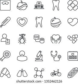 Thin Line Icon Set - heart vector, molecule, stethoscope, blood pressure, thermometer, diagnostic, microscope, scales, pills, patch, bike, hand, lungs, tooth, caries, medical calendar, diet, patient