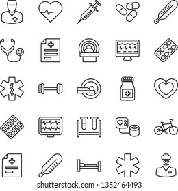 Thin Line Icon Set - heart vector, pulse, monitor, diagnosis, stethoscope, syringe, blood pressure, test vial, thermometer, pills, bottle, blister, tomography, ambulance star, barbell, bike, doctor