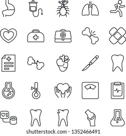 Thin Line Icon Set - heart vector, doctor case, diagnosis, blood pressure, dropper, scales, scalpel, patch, run, hand, stomach, lungs, real, tooth, caries, joint, broken bone, pulse clipboard, virus