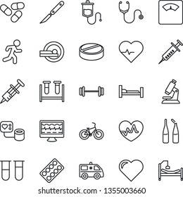 Thin Line Icon Set - heart vector, pulse, monitor, stethoscope, syringe, blood pressure, test vial, dropper, microscope, scales, pills, blister, ampoule, scalpel, tomography, ambulance car, barbell