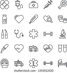 Thin Line Icon Set - heart vector, pulse, doctor case, stethoscope, syringe, blood pressure, test vial, dropper, thermometer, diagnostic, microscope, ampoule, patch, tomography, ambulance star, car