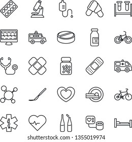 Thin Line Icon Set - heart vector, pulse, monitor, molecule, stethoscope, blood pressure, test vial, dropper, microscope, pills, bottle, blister, ampoule, scalpel, patch, tomography, ambulance star