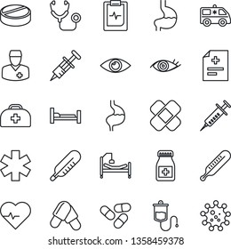 Thin Line Icon Set - heart pulse vector, doctor case, diagnosis, stethoscope, syringe, dropper, thermometer, pills, bottle, patch, ambulance star, car, hospital bed, stomach, eye, clipboard, virus