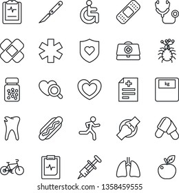 Thin Line Icon Set - heart vector, doctor case, diagnosis, stethoscope, syringe, diagnostic, scales, pills, bottle, scalpel, patch, ambulance star, bike, run, shield, disabled, lungs, caries, joint