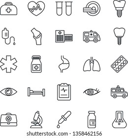 Thin Line Icon Set - heart pulse vector, doctor case, blood test vial, dropper, microscope, pills bottle, blister, ampoule, tomography, ambulance star, car, hospital bed, stomach, lungs, implant