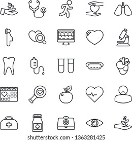 Thin Line Icon Set - heart pulse vector, monitor, doctor case, stethoscope, blood test vial, dropper, diagnostic, microscope, pills bottle, run, hand, lungs, real, tooth, eye, medical calendar